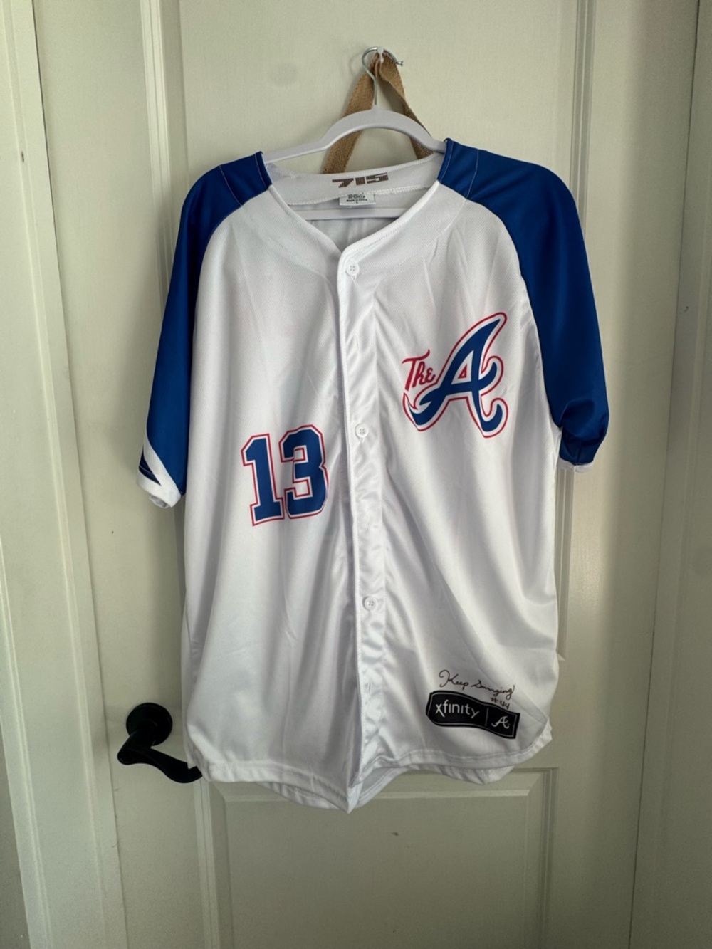 Acuña Jr Braves “The A” Baseball Jersey in White and Royal Blue